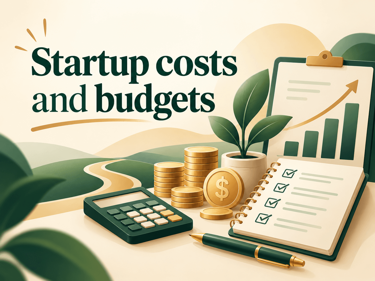 Illustration of a calculator, coins, a budget checklist and a small plant.
