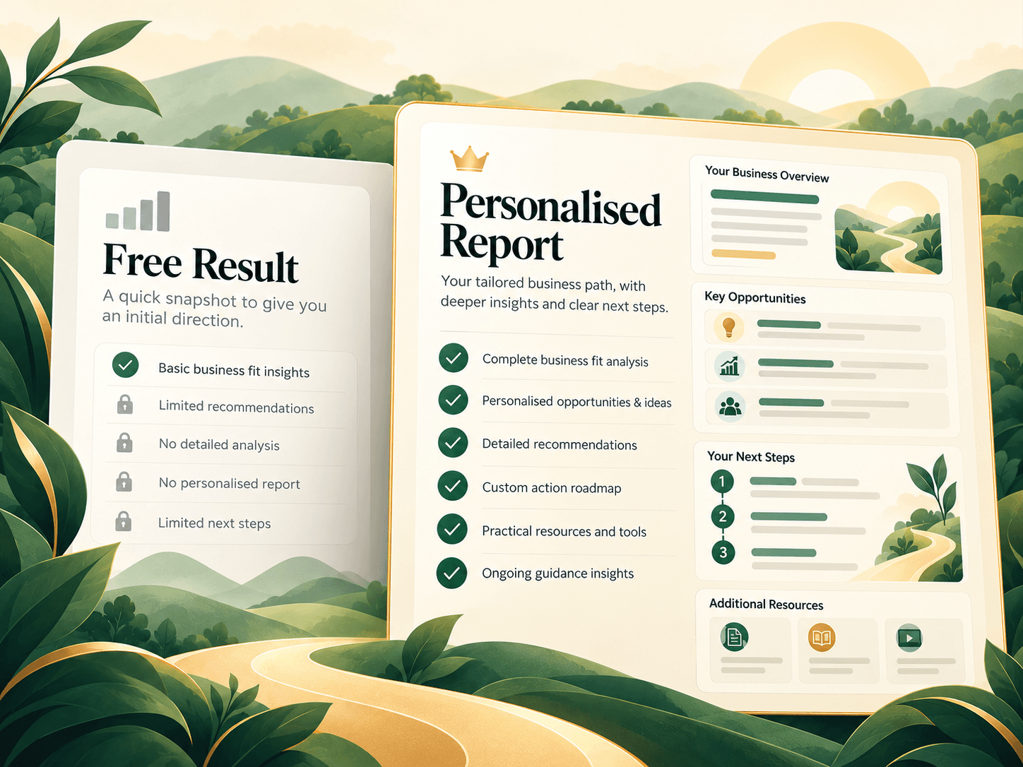 Illustration comparing a short free result with a longer personalised report.